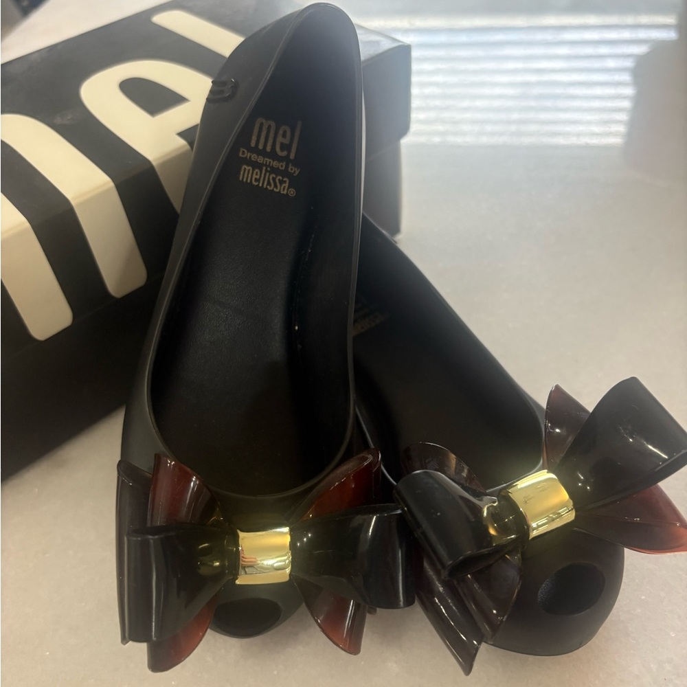 Mini Melissa Black and Gold Bow Dress Shoes